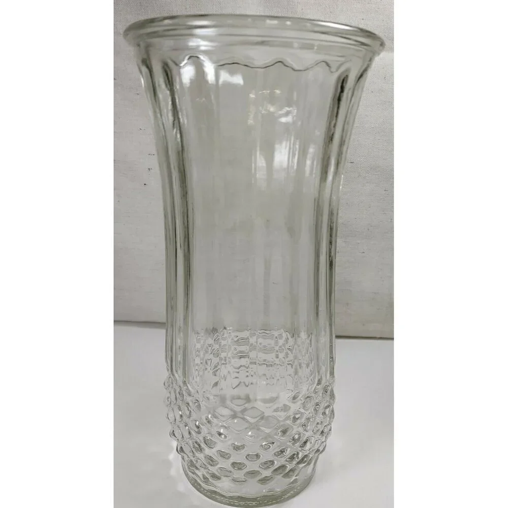 Vintage Clear Hoosier Glass Round Shaped Mid Century Diamond Decorative Vases